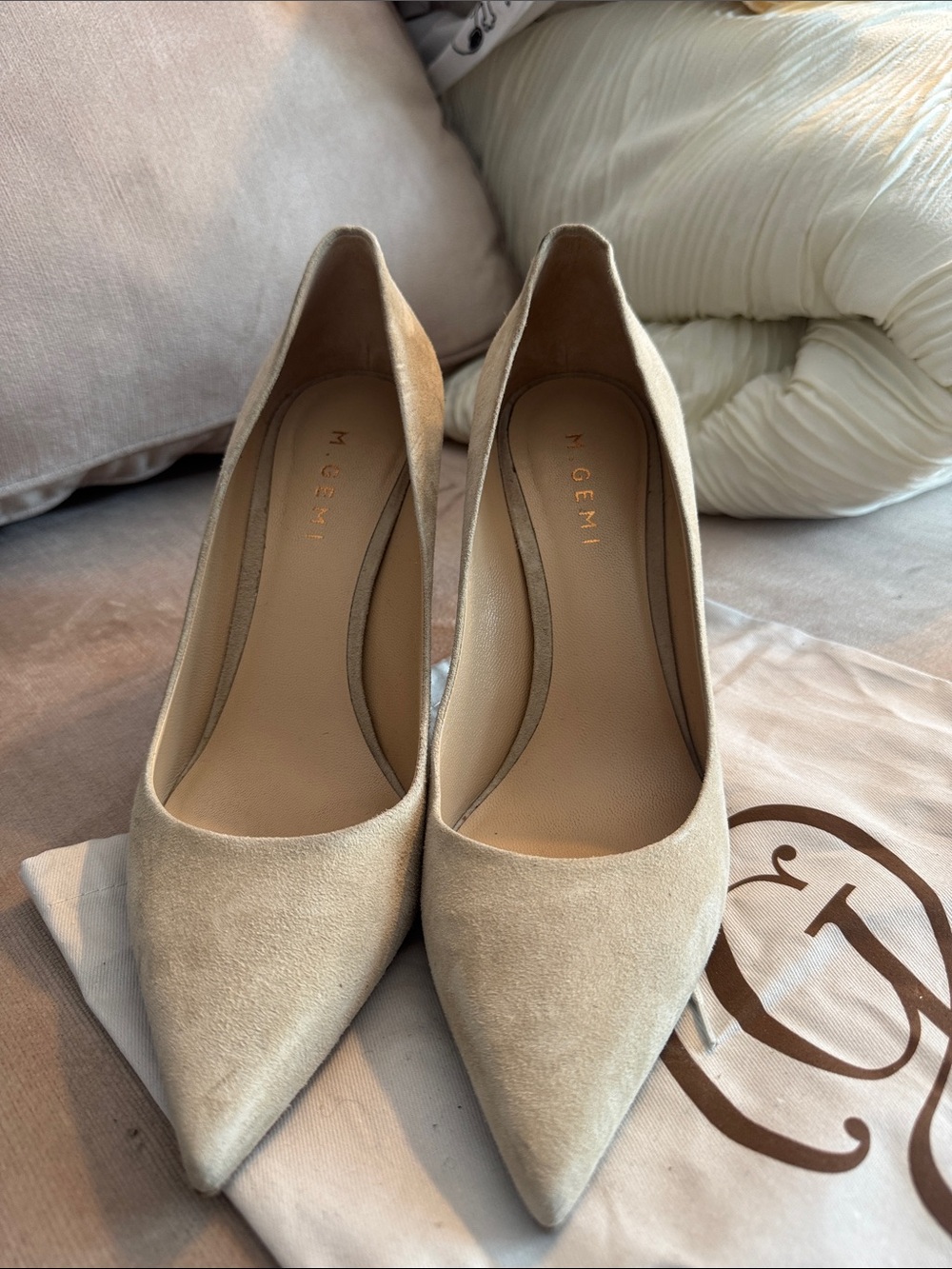 M. Gemi Beige Suede Pointed-Toe Pumps